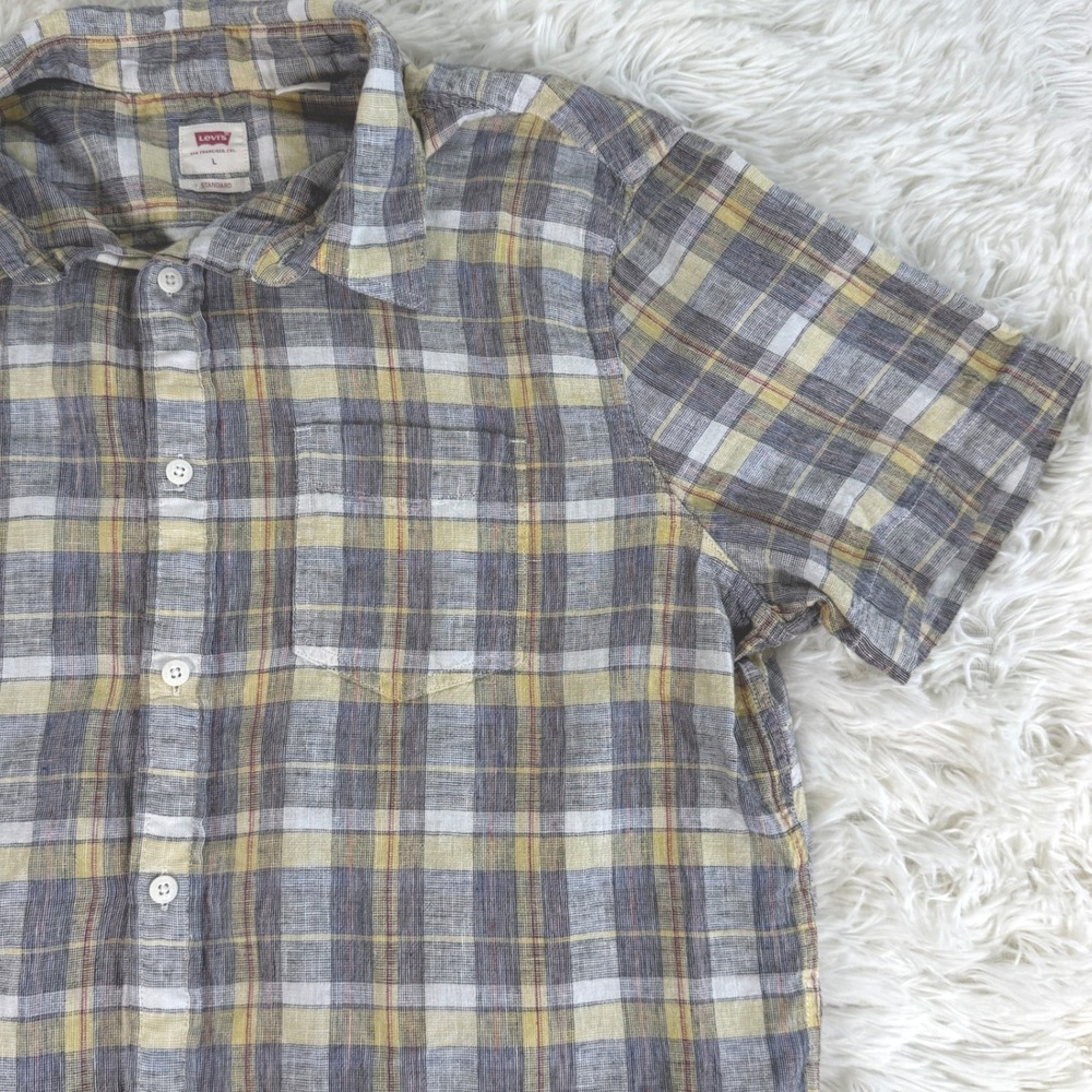 Levi's Linen Short Sleeve Plaid Button Down Shirt Standard Fit Size Large Casual